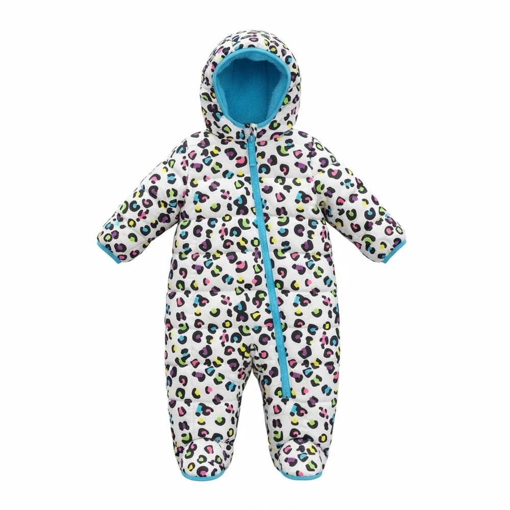 Spyder Multicolor Leopard Print Kids Snow Suit, Fold Over Hands And Feet 9-12 Mn